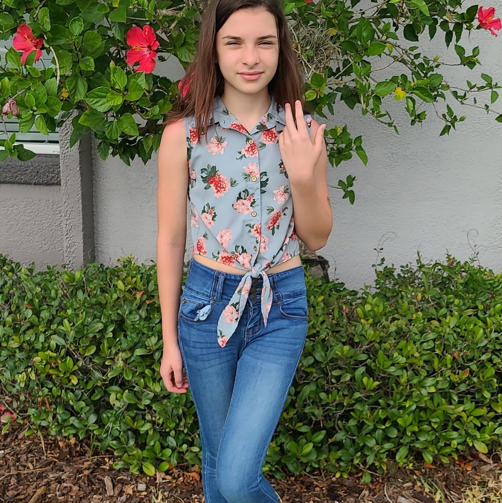 blue and pink flower button up blouse